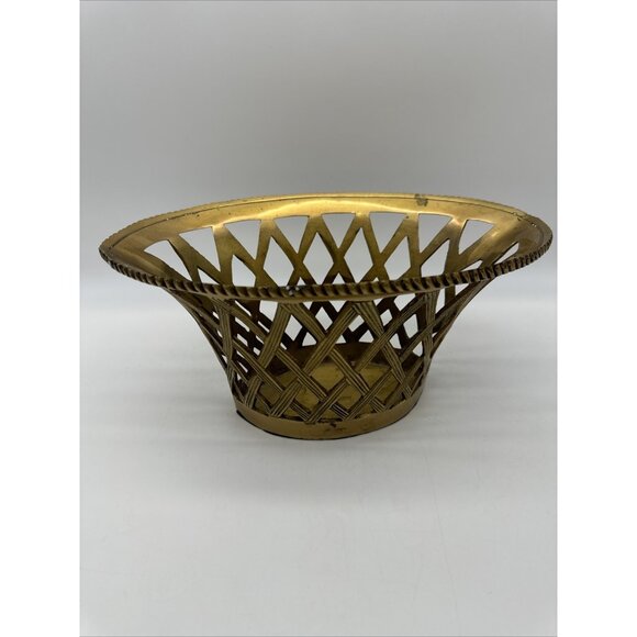 Vintage Brass Weave Lattice Basket Planter Fruit Bowl - Picture 7 of 13